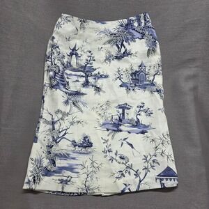 Silk Club Collection Blue White Toile Linen Midi Skirt Chinoiserie Pagoda 4